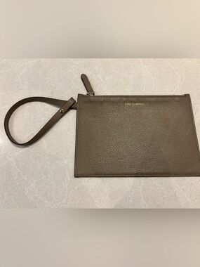 Strathberry Scotland Leather Pouch Wristlet Wallet Gray Taupe Brown Luxury Bag